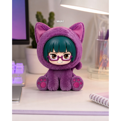 
Maki Zenin Sitting Cat Party plush pendant in a styled desktop scene