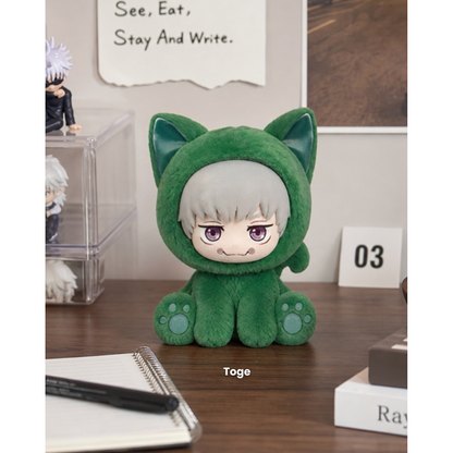
Toge Inumaki Sitting Cat Party plush pendant in a styled desktop scene