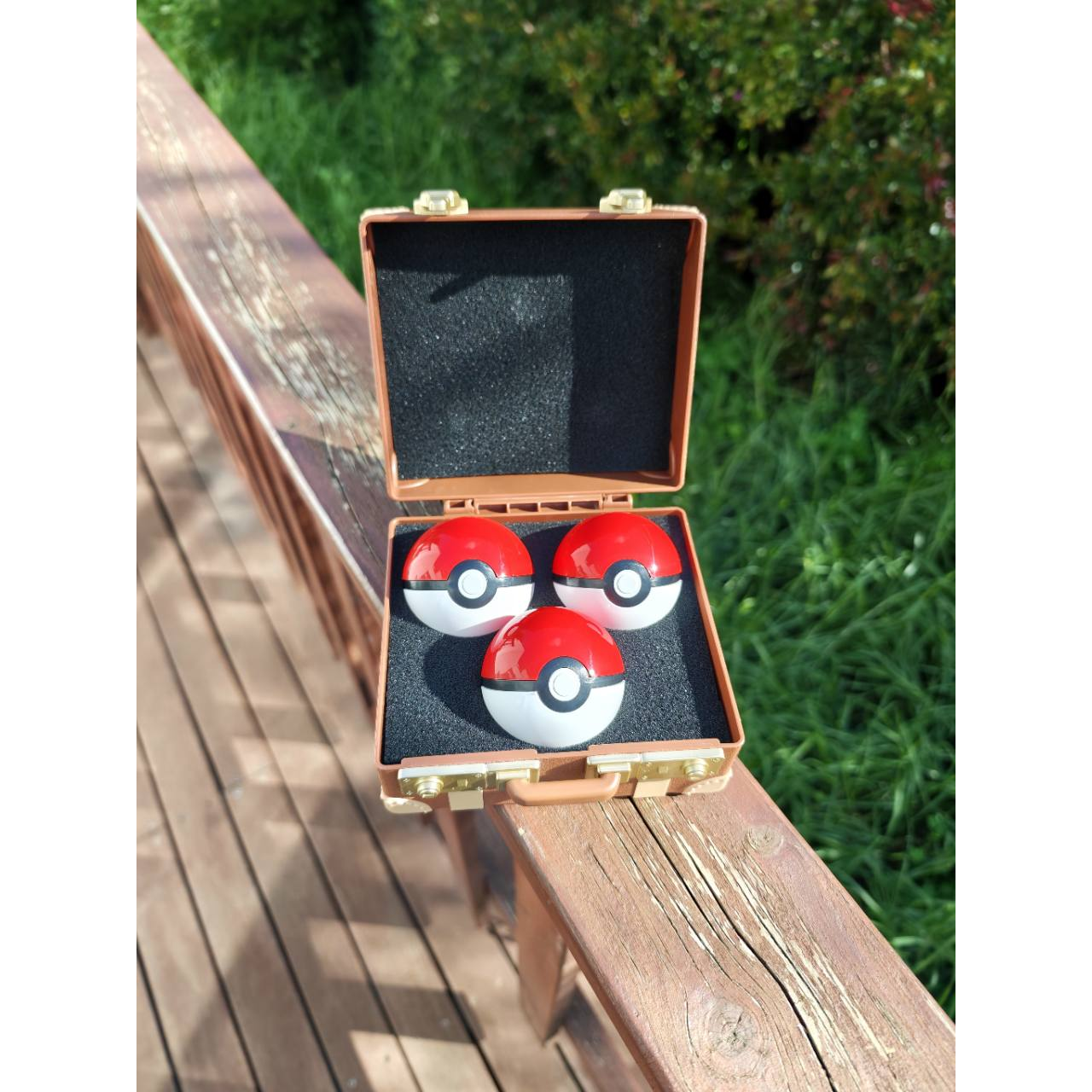 
One open Pokémon First Partner suitcase holding three closed Poké Balls