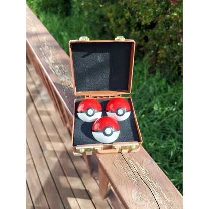 
One open Pokémon First Partner suitcase holding three closed Poké Balls