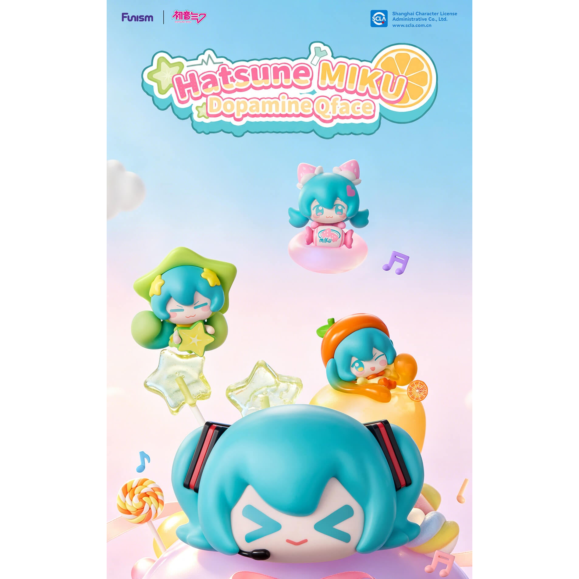 
FUNISM Hatsune Miku Dopamine Qface — Miku capsule and three example miniatures in a candy-themed display