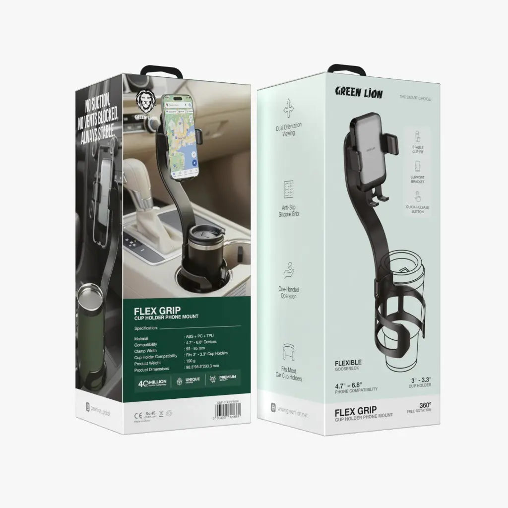 Green Lion Flex Grip Cup Holder Phone Mount – Adjustable Car Phone Holder (Black) The Wonders Mart Trading™