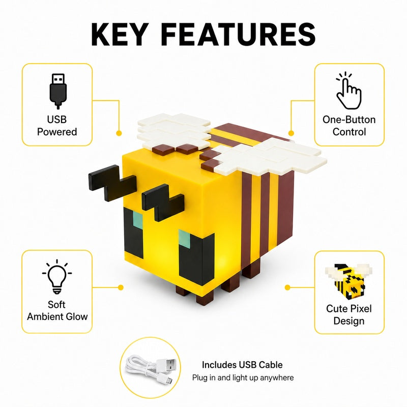 
Bee Glow Buddy USB power, button control and pixel details