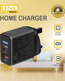 DENX 48W Fast Home Charger – UK Plug, Dual Port USB+PD, QC 3.0, Universal Voltage Support The Wonders Mart Trading™