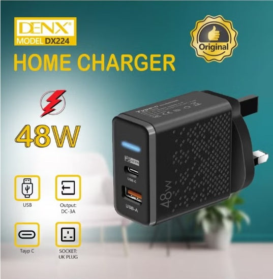 DENX 48W Fast Home Charger – UK Plug, Dual Port USB+PD, QC 3.0, Universal Voltage Support