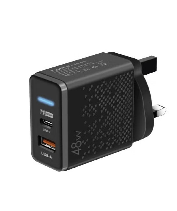 DENX 48W Fast Home Charger – UK Plug, Dual Port USB+PD, QC 3.0, Universal Voltage Support