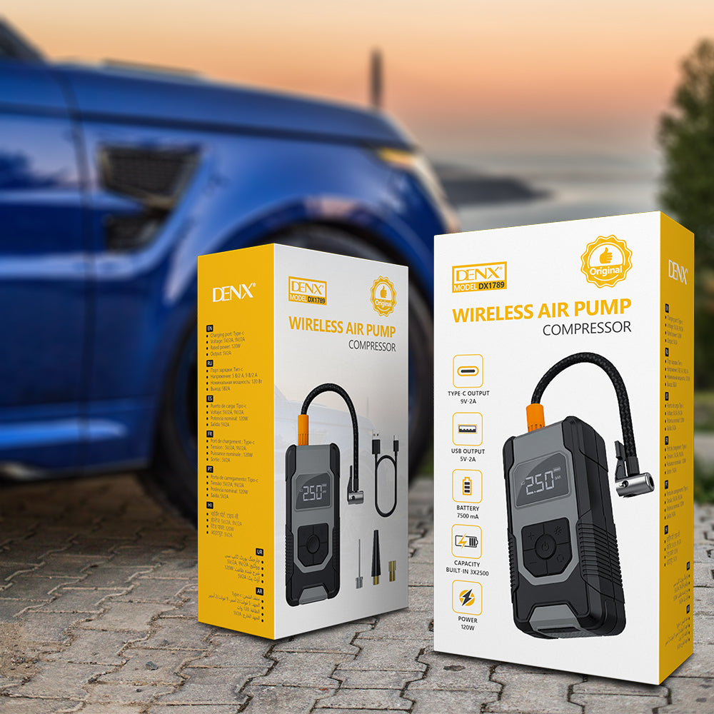 DENX DX1789 Wireless Air Compressor – 120W, 7500mAh Battery, Type-C Fast Charging, USB Output, Cordless Tire Inflator for Car, Bike, Ball & More