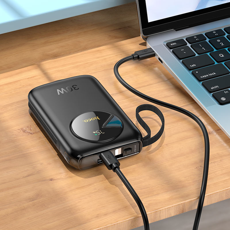 HOCO Q19 Lucky 10000mAh Power Bank – 30W Fast Charging with Built-In Lightning & Type-C Cables, USB-A & Type-C Output, LED Display