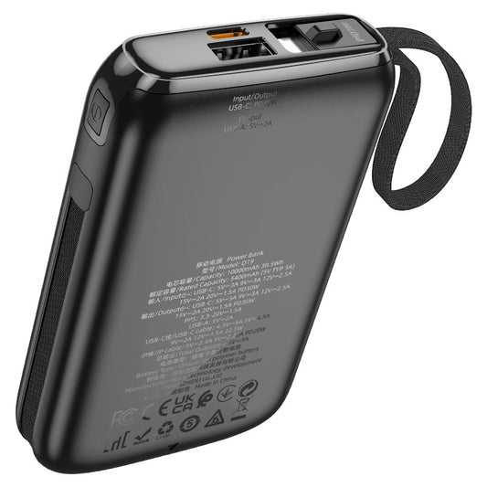 HOCO Q19 Lucky 10000mAh Power Bank – 30W Fast Charging with Built-In Lightning & Type-C Cables, USB-A & Type-C Output, LED Display