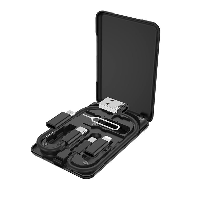 HOCO U86 Treasure 6-in-1 Charging Data Cable with Storage Case – Type-C, Lightning, Micro-USB, USB, SIM Tool & Phone Stand
