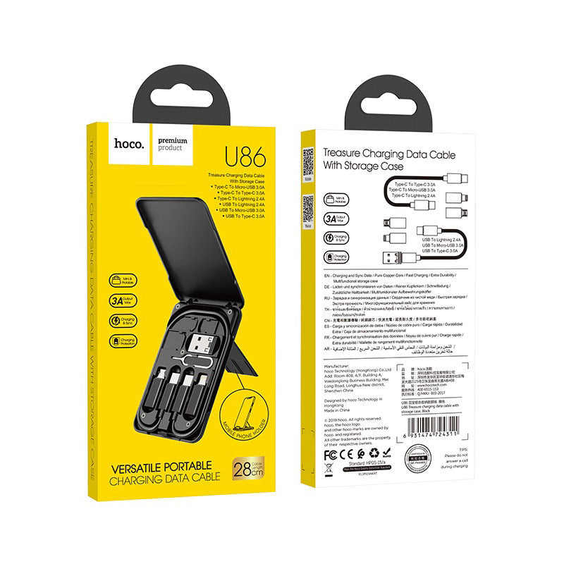 HOCO U86 Treasure 6-in-1 Charging Data Cable with Storage Case – Type-C, Lightning, Micro-USB, USB, SIM Tool & Phone Stand