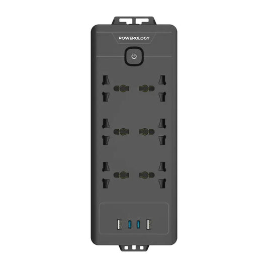 Powerology 2500W Power Strip – 6 Universal AC Sockets, 2 USB-A & 2 USB-C Ports, Built-In Safeguards, 3M Cable, Safety Switch, Fire-Resistant Material – Black