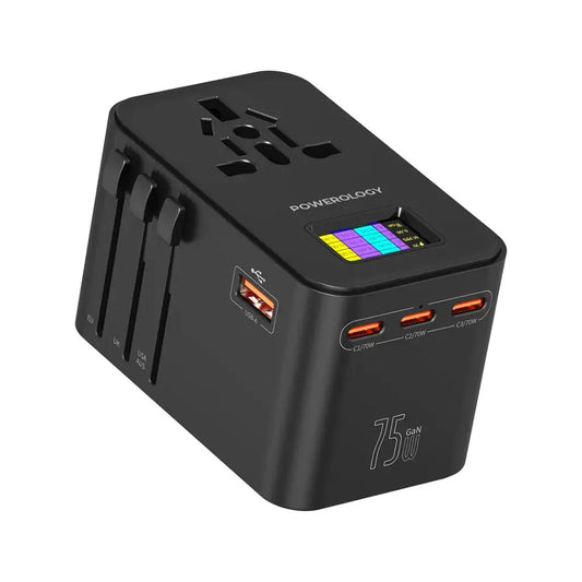 Powerology 75W GaN Universal Charger with Real-Time Power Display – 4-Port Fast Charging, PD & AC, Global Compatibility, Travel-Ready – Model PWC041