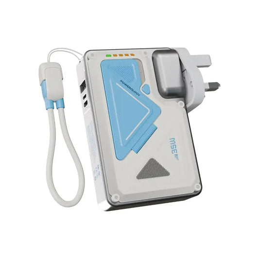 Powerology 10000mAh Wall Charger with MagSafe Compatibility – 35W PD Fast Charging, Built-in AC Plug, Dual Battery Design, USB-C & Lightning Output – White