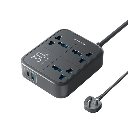 Powerology 3250W Power Strip – 3 AC Outlets, USB-A & USB-C Ports, 30W PD Fast Charging, Built-in Safety Features, 3m UK Plug Cable – Black