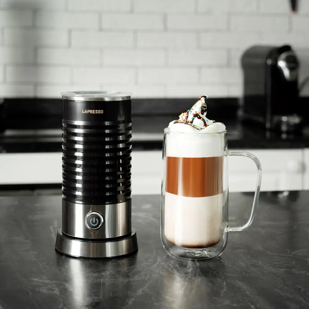 LePresso Hot & Cold Milk Frother – 110mL Frothing, 200mL Heating, One-Touch Operation | Lightweight & Portable, Non-Stick Interior, Safe & Reliable