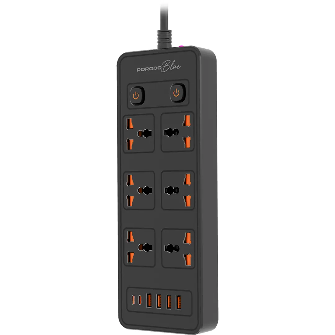 
Porodo Blue 6-AC Power Strip with 2 USB-C & 4 USB-A Ports – 3m – Black – official product image 1