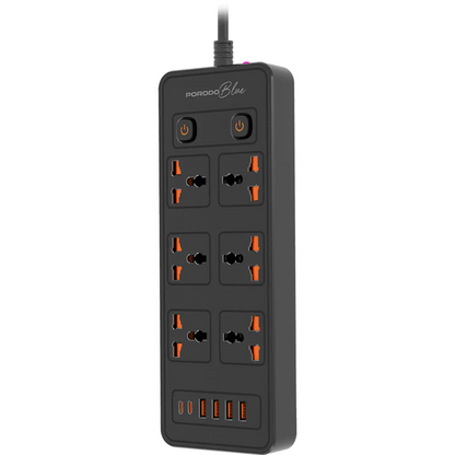 
Porodo Blue 6-AC Power Strip with 2 USB-C & 4 USB-A Ports – 3m – Black – official product image 1