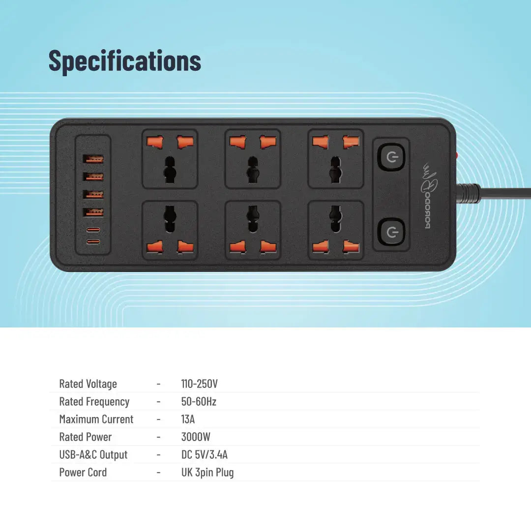 
Porodo Blue 6-AC Power Strip with 2 USB-C & 4 USB-A Ports – 3m – Black – official product image 2