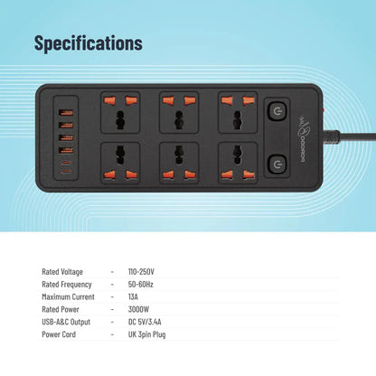 
Porodo Blue 6-AC Power Strip with 2 USB-C & 4 USB-A Ports – 3m – Black – official product image 2