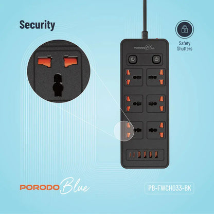
Porodo Blue 6-AC Power Strip with 2 USB-C & 4 USB-A Ports – 3m – Black – official product image 3