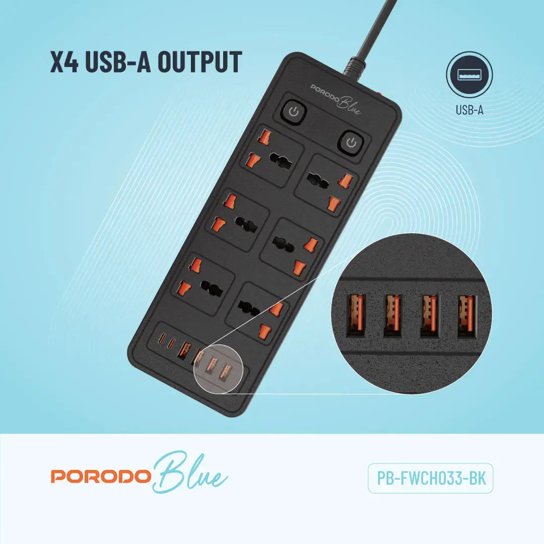 
Porodo Blue 6-AC Power Strip with 2 USB-C & 4 USB-A Ports – 3m – Black – official product image 4