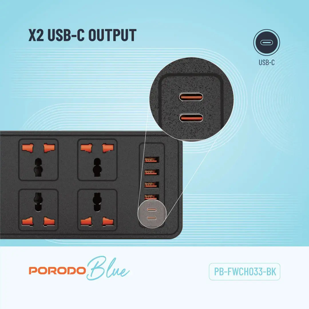
Porodo Blue 6-AC Power Strip with 2 USB-C & 4 USB-A Ports – 3m – Black – official product image 5
