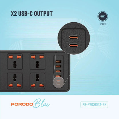 
Porodo Blue 6-AC Power Strip with 2 USB-C & 4 USB-A Ports – 3m – Black – official product image 5