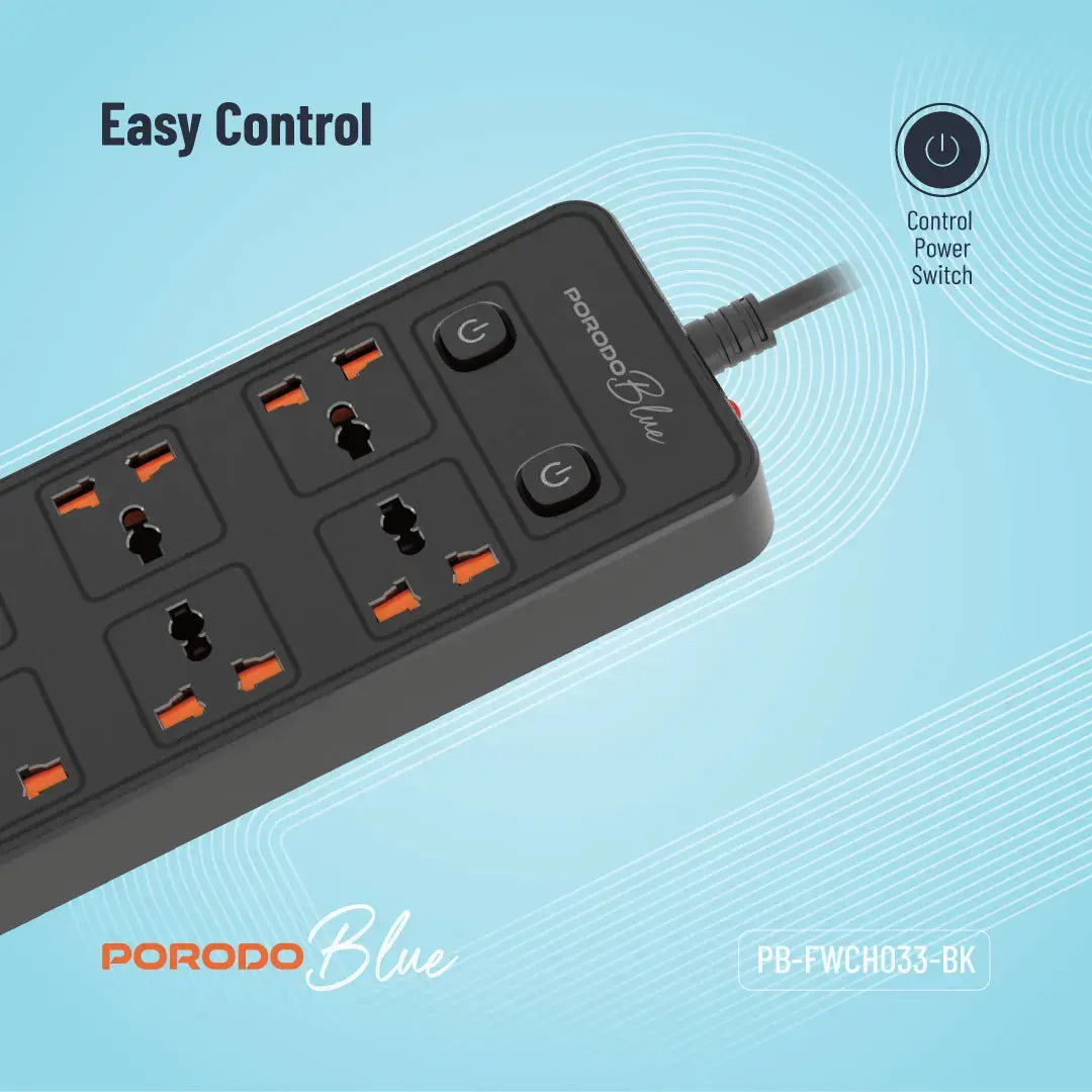 
Porodo Blue 6-AC Power Strip with 2 USB-C & 4 USB-A Ports – 3m – Black – official product image 6