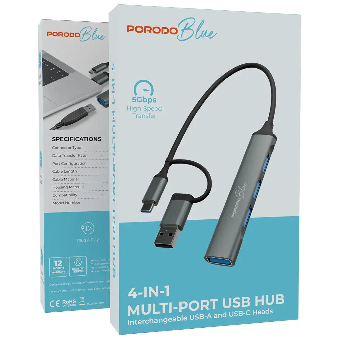 
Porodo Blue 4-in-1 USB Hub with Interchangeable USB-A & USB-C Heads – Grey – official product image 2