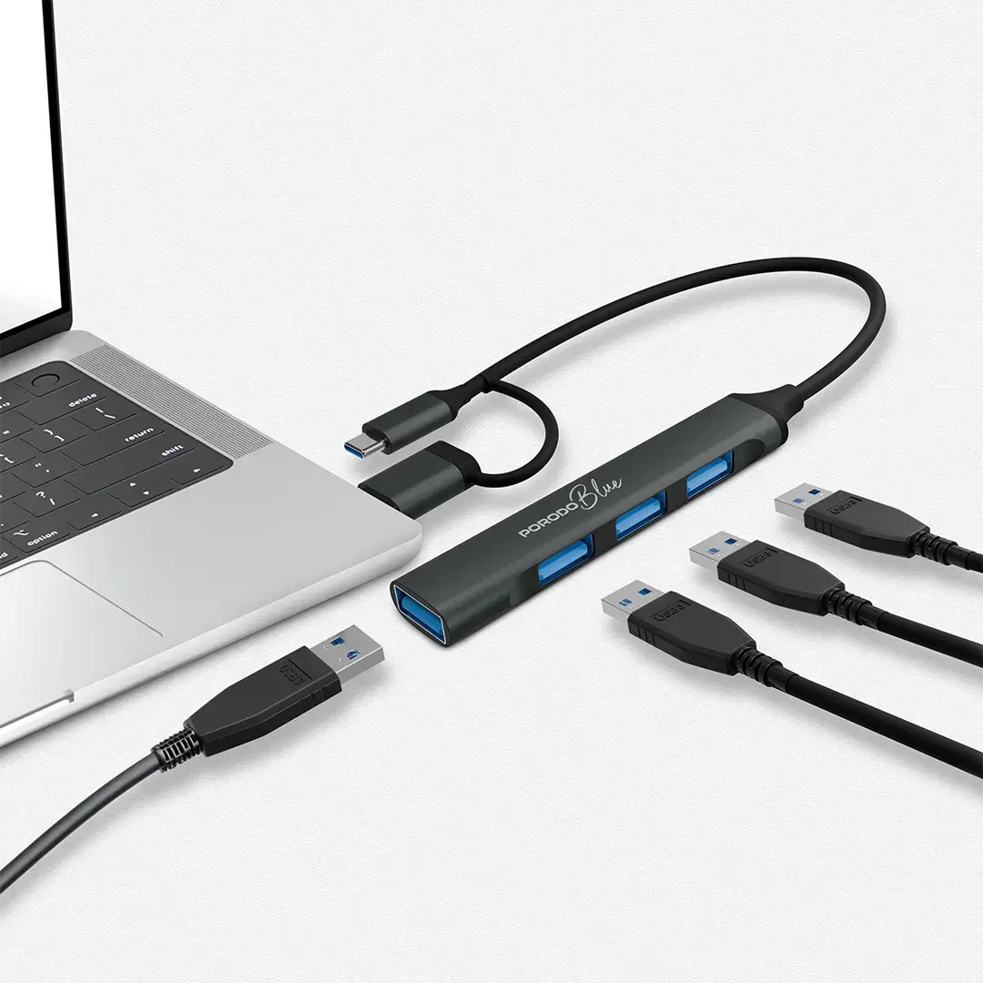 
Porodo Blue 4-in-1 USB Hub with Interchangeable USB-A & USB-C Heads – Grey – official product image 3