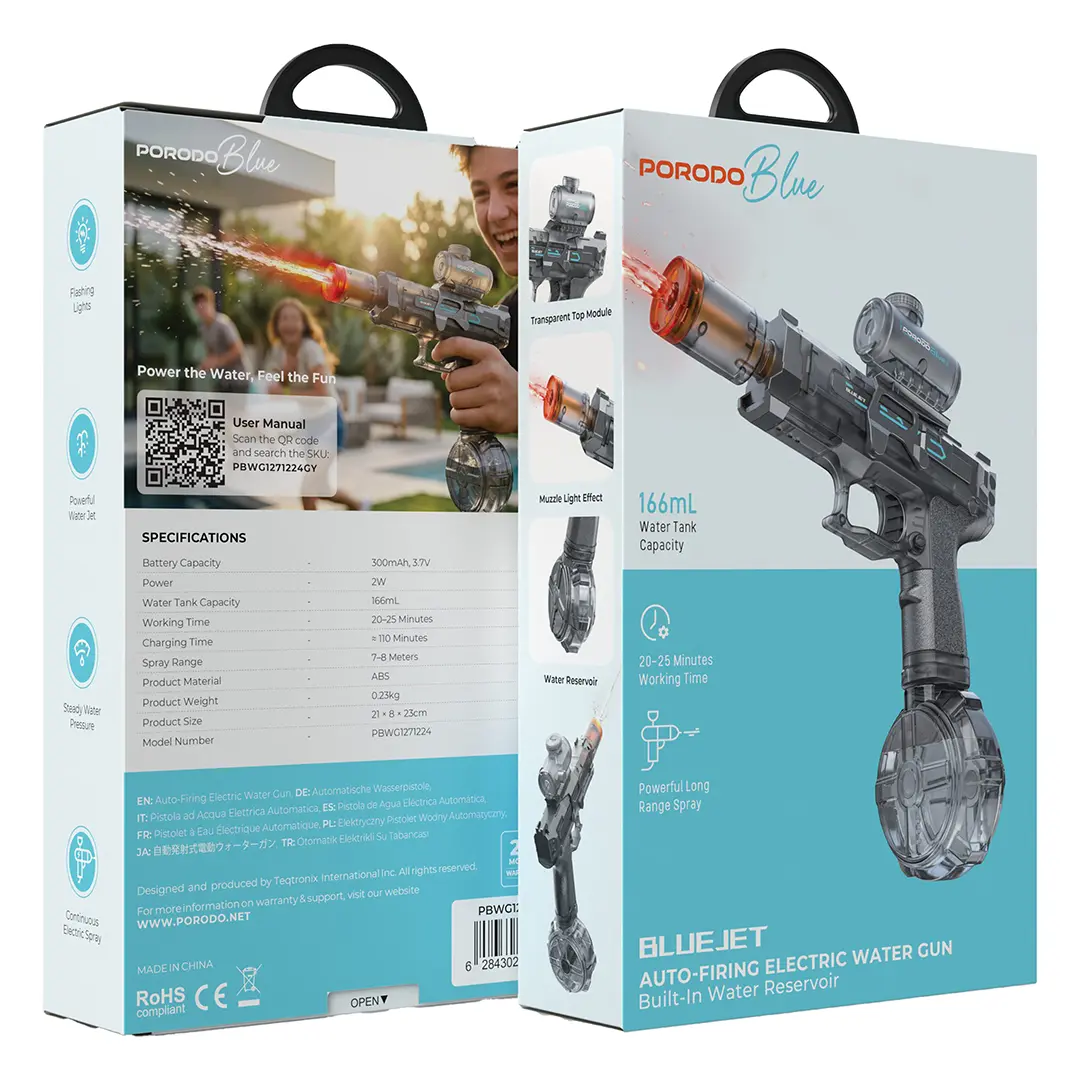 
Porodo Blue Auto-Firing Electric Water Gun with Flashing Lights – Grey – official product image 3