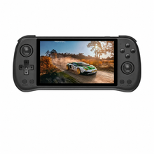 Black Powkiddy X55 handheld console, front view with dual analog sticks and a rally game on screen.