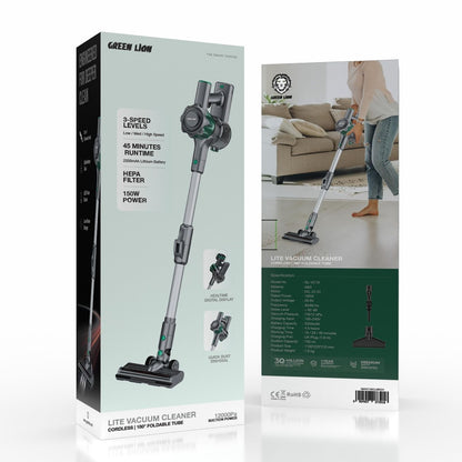 Green Lion Lite Cordless Vacuum Cleaner – 150W Stick Vacuum with Foldable Tube & LED Brush (Grey) The Wonders Mart Trading™