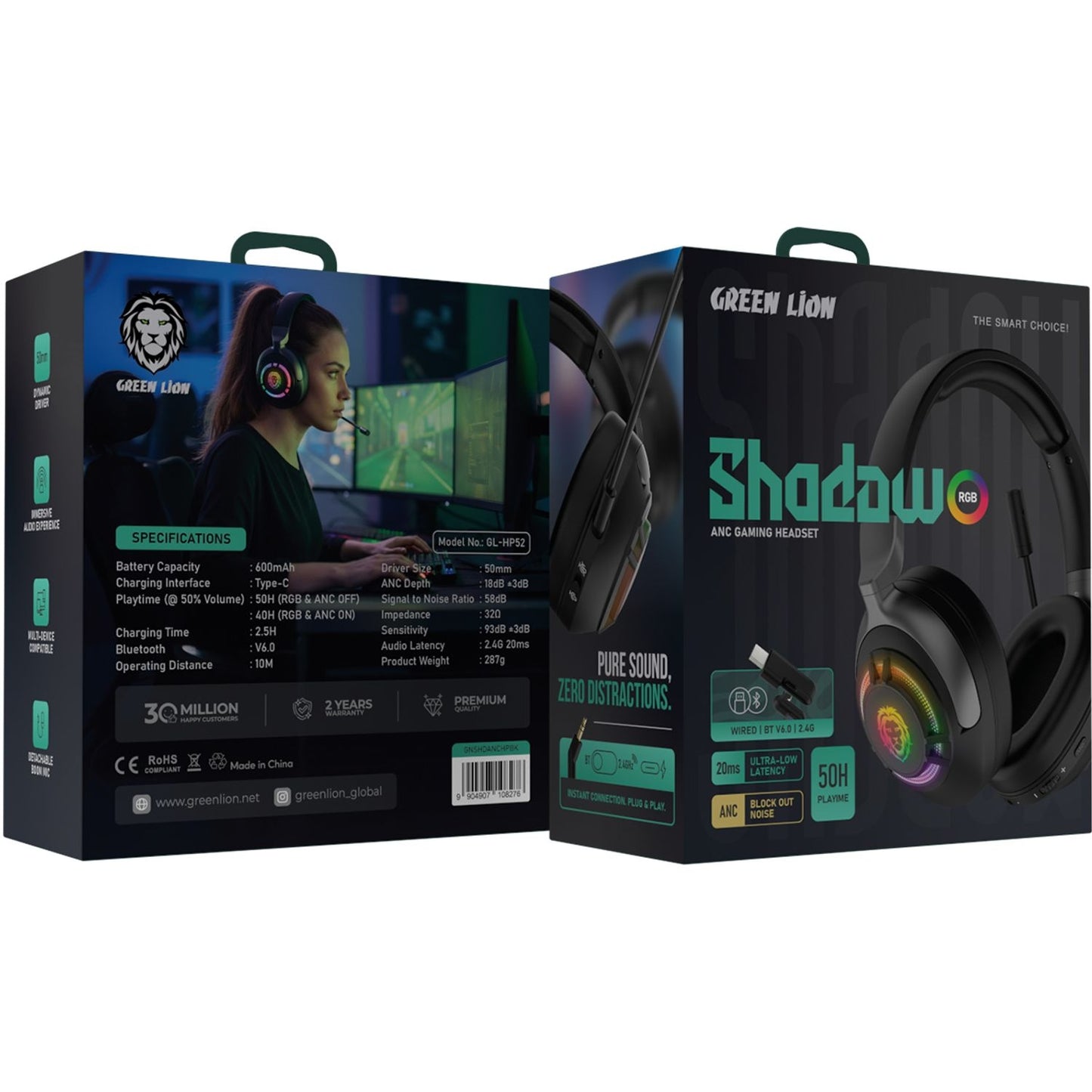 Green Lion Shadow ANC Gaming Headset – Wireless RGB Gaming Headphones with Detachable Mic (Black) The Wonders Mart Trading™