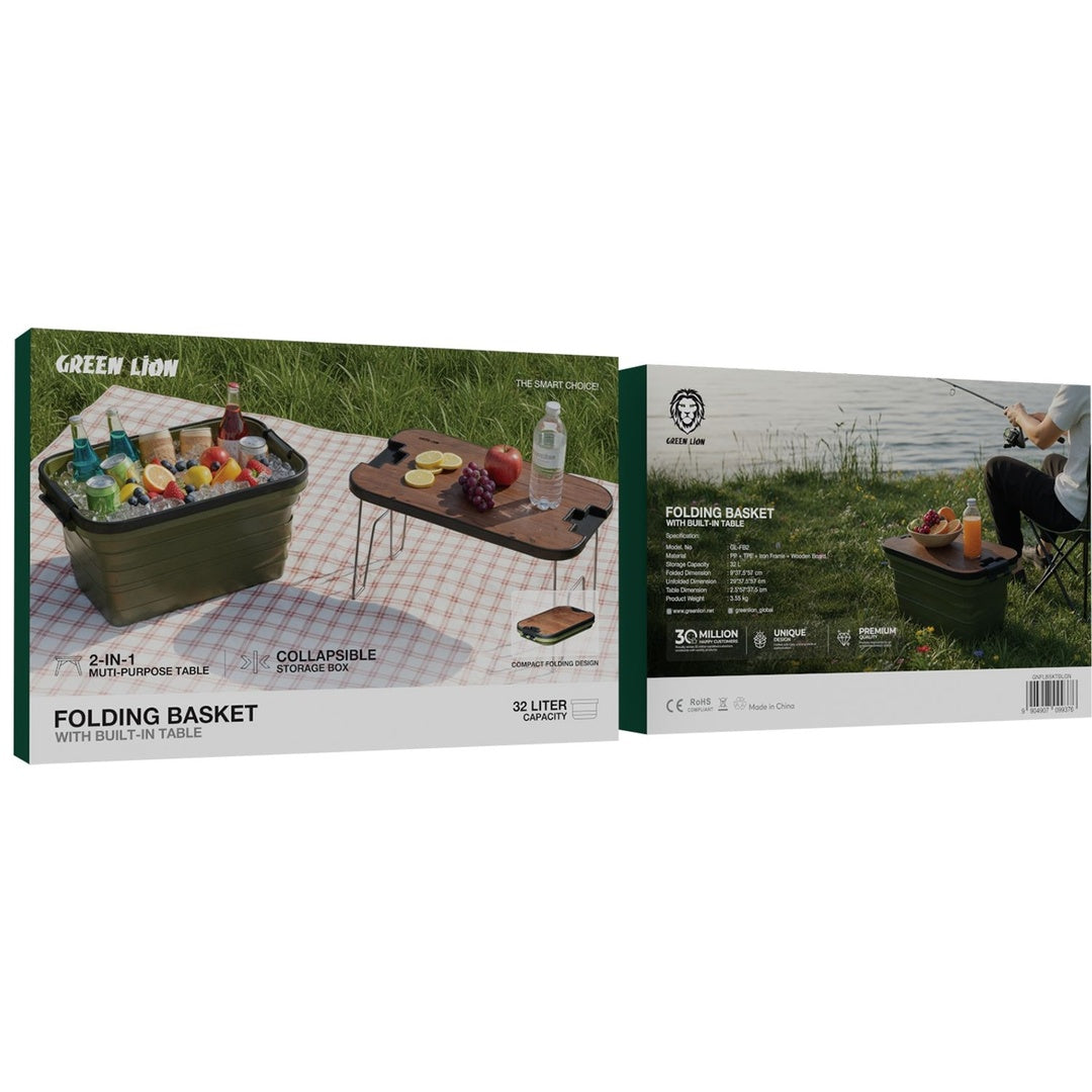 Green Lion Folding Basket with Built-In Table – 32L Portable Storage & Camping Basket (Green) The Wonders Mart Trading™