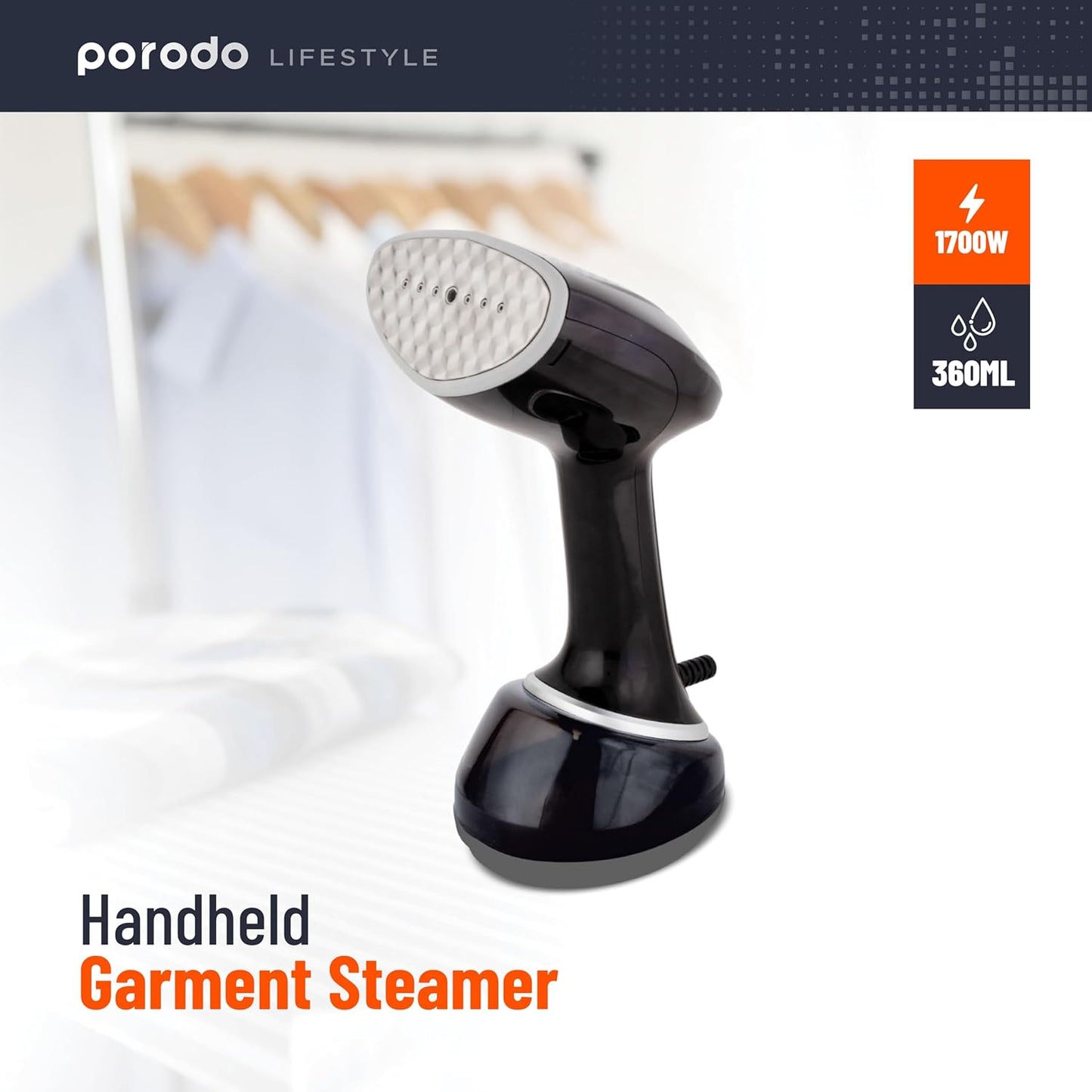 Porodo Lifestyle Handheld Garment Steamer – 1700W No-Leak Steam Iron with 360ml Tank, Vertical & Horizontal Ironing – Travel-Friendly with Fabric Brush (Black)