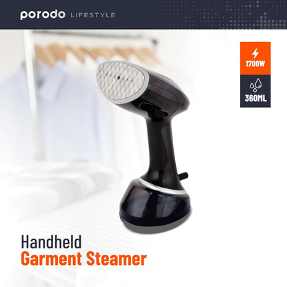 Porodo Lifestyle Handheld Garment Steamer – 1700W No-Leak Steam Iron with 360ml Tank, Vertical & Horizontal Ironing – Travel-Friendly with Fabric Brush (Black)