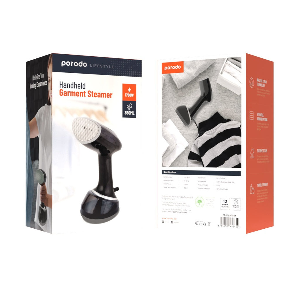 Porodo Lifestyle Handheld Garment Steamer – 1700W No-Leak Steam Iron with 360ml Tank, Vertical & Horizontal Ironing – Travel-Friendly with Fabric Brush (Black)