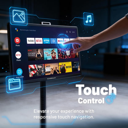 Powerology 32 Inch Portable Smart Monitor, FHD 60Hz Cordless Screen, Wi-Fi & Bluetooth, Portable Android TV on Wheels, Touch Screen, 2× Built-In Speakers, 38400mAh Battery, Netflix Shahid YouTube