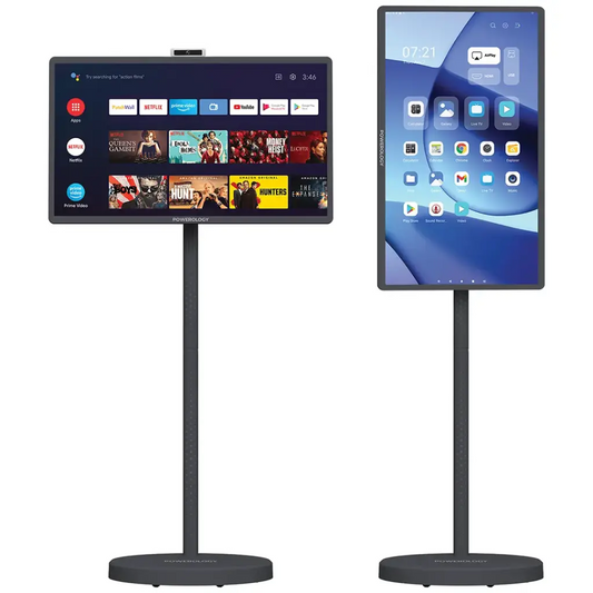 Powerology 32 Inch Portable Smart Monitor, FHD 60Hz Cordless Screen, Wi-Fi & Bluetooth, Portable Android TV on Wheels, Touch Screen, 2× Built-In Speakers, 38400mAh Battery, Netflix Shahid YouTube