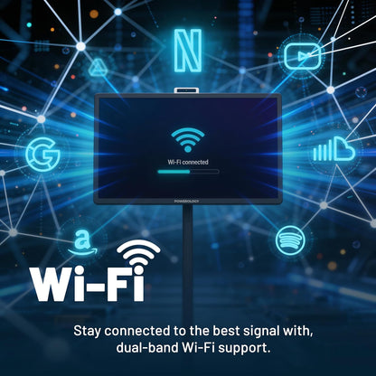 Powerology 32 Inch Portable Smart Monitor, FHD 60Hz Cordless Screen, Wi-Fi & Bluetooth, Portable Android TV on Wheels, Touch Screen, 2× Built-In Speakers, 38400mAh Battery, Netflix Shahid YouTube