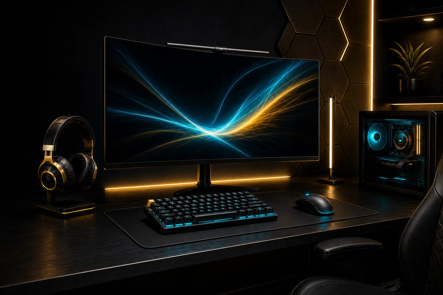 Premium gaming desk with monitor, keyboard, mouse and headphones